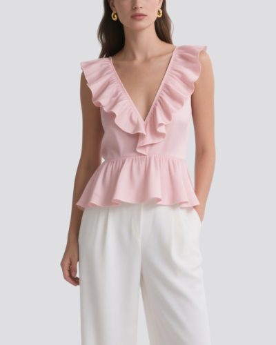 sweet-and-romantic-pink-ruffled-v-neck-sleeveless-top